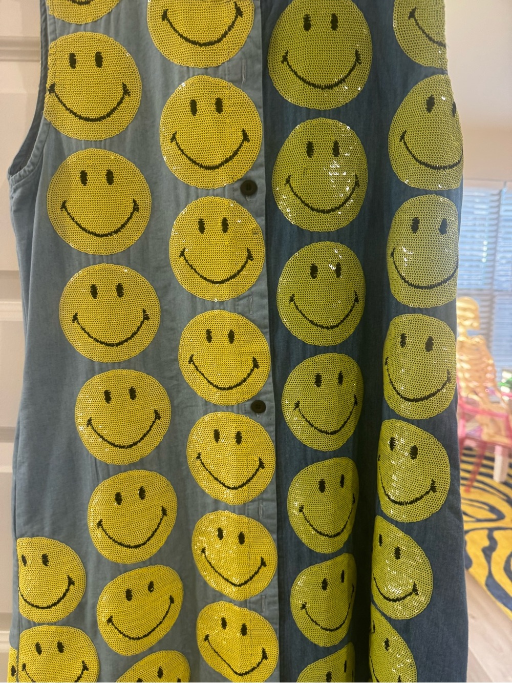 QUEEN OF SPARKLES Blue Denim Mini Dress with Yellow Smiley Sequins - Picture 2 of 4